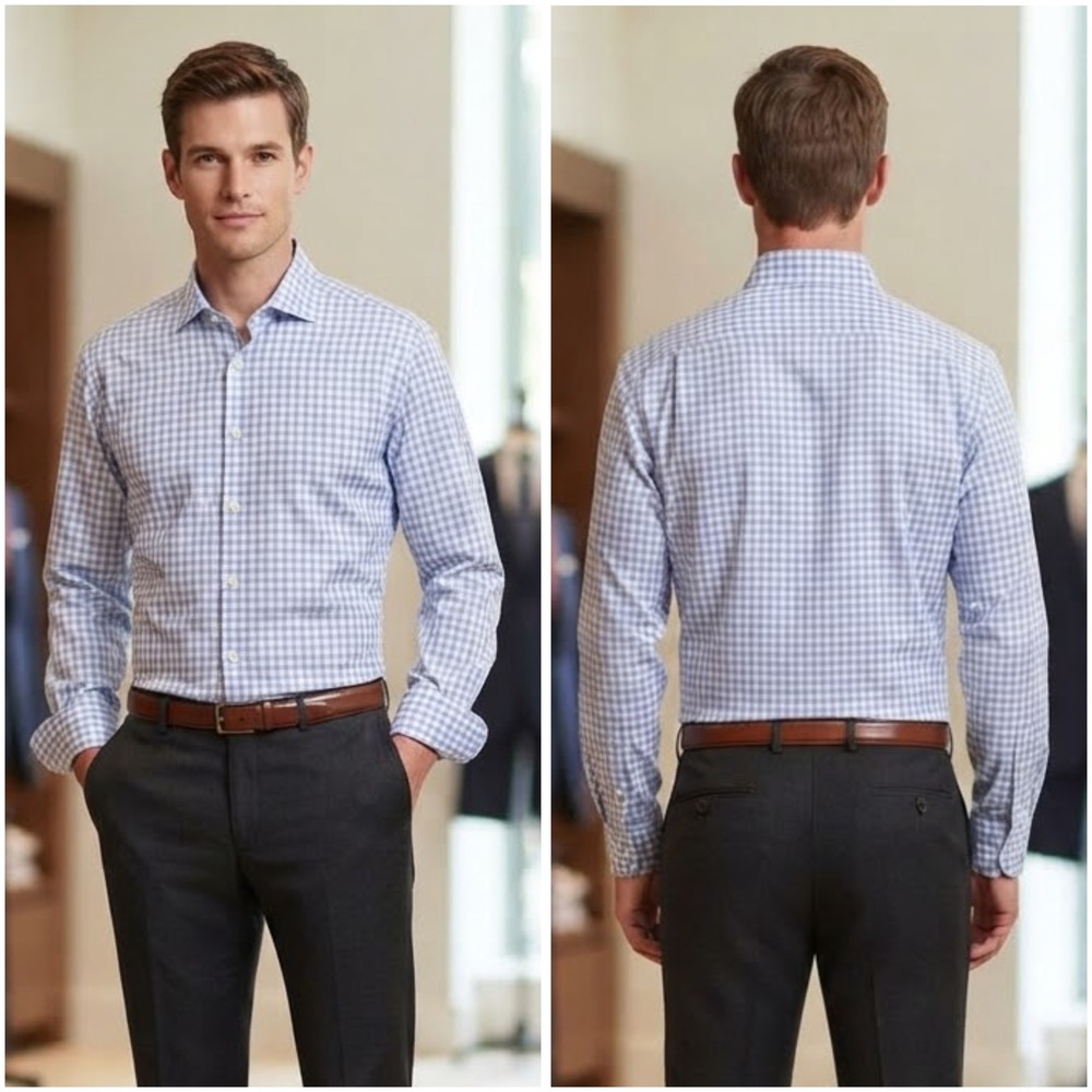 David Donahue Mens Blue White Gingham Check Cotton Dress Shirt 17 32/33